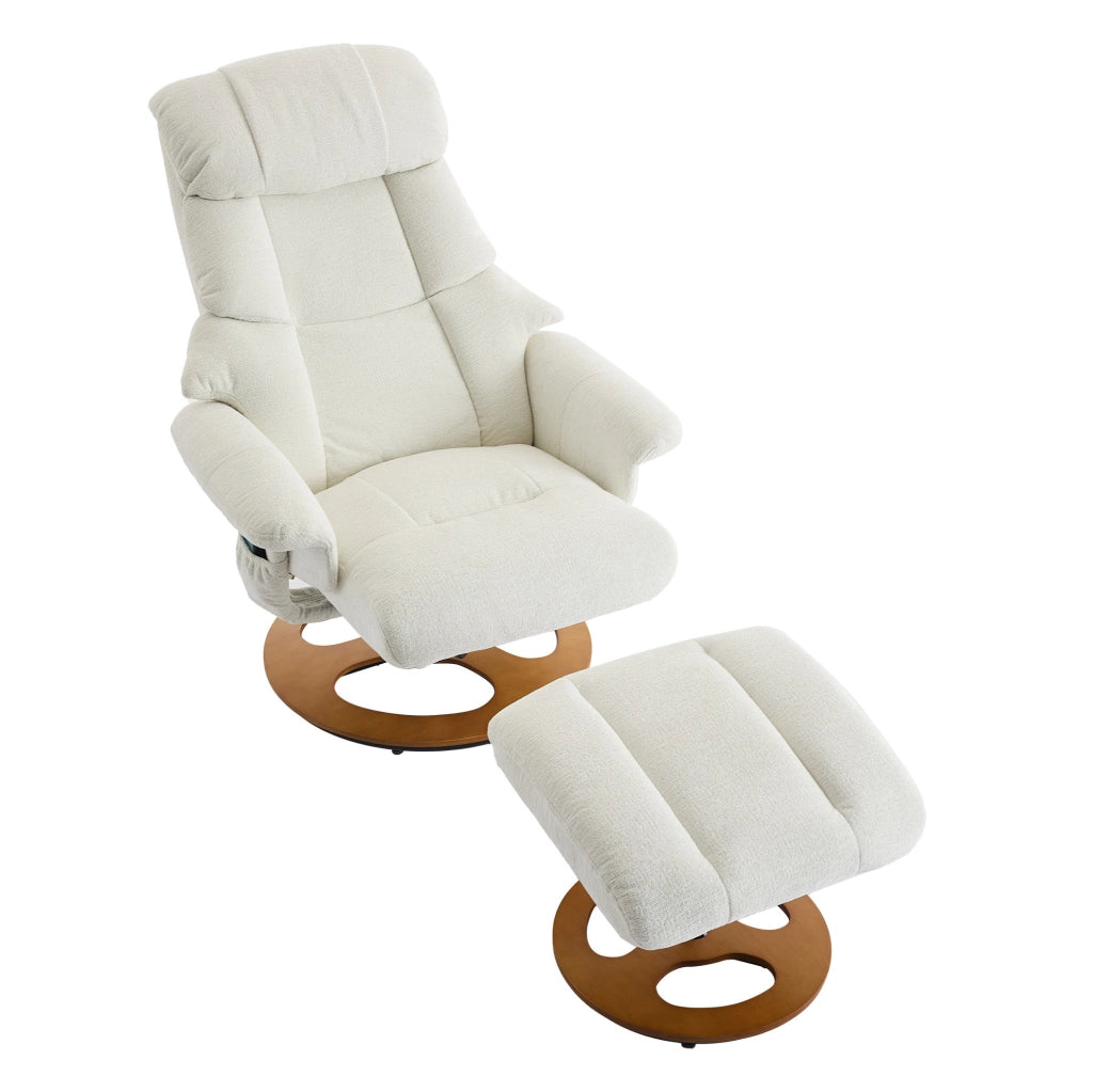 Poltrona relax con funzione massaggio e riscaldamento, girevole 360°, rivestita in tessuto chenille bianco, con poggiapiedi
