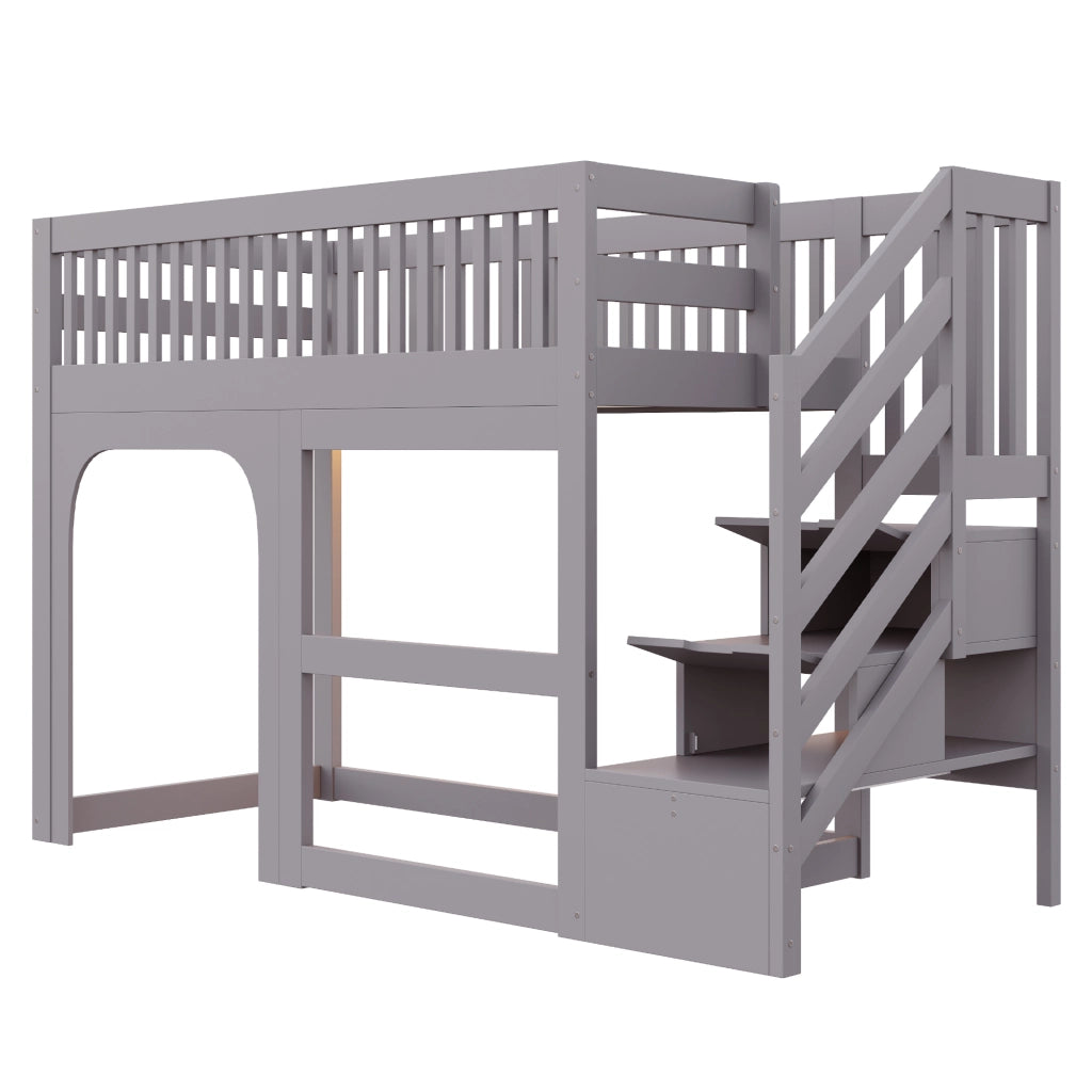 Letto a soppalco 90 × 200 cm con scala contenitore; LED; rete a doghe; protezioni e spazio aperto in legno grigio