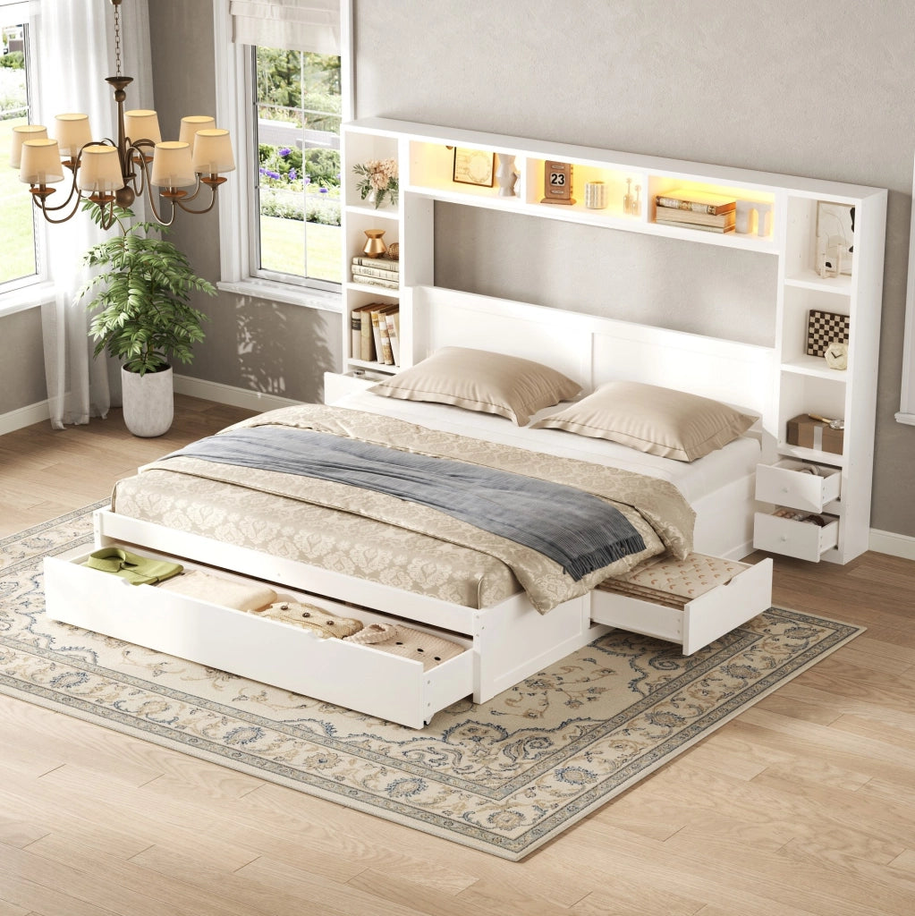 Letto Matrimoniale con 7 Cassetti e LED 140 x 200 cm - Bianco - Ideale per Camera da Letto - Senza Materasso