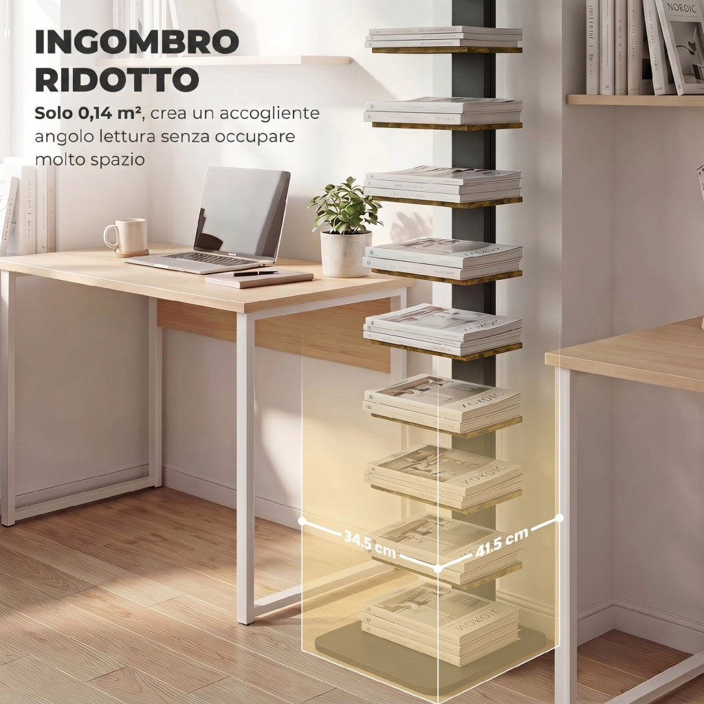 Libreria verticale a 11 ripiani in acciaio e legno; marrone rustico opaco; per angoli stretti