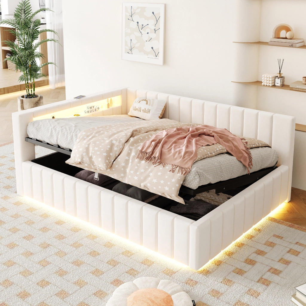 LETTO Contenitore 140x200 cm Imbottito Beige con LED, USB e Schienale