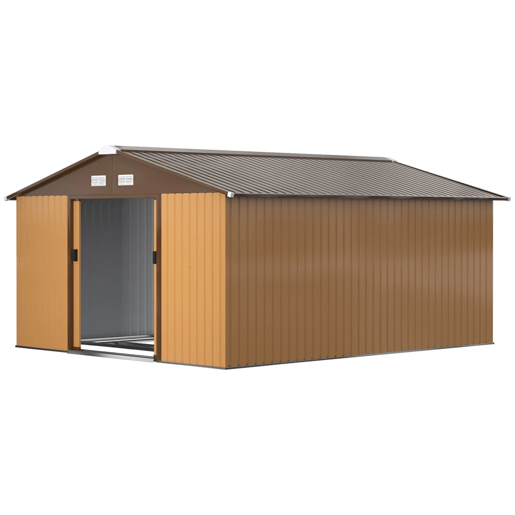 Casetta da Giardino con 2 Porte Scorrevoli e 4 Prese d'Aria in Acciaio, 340x386x200cm, Giallo