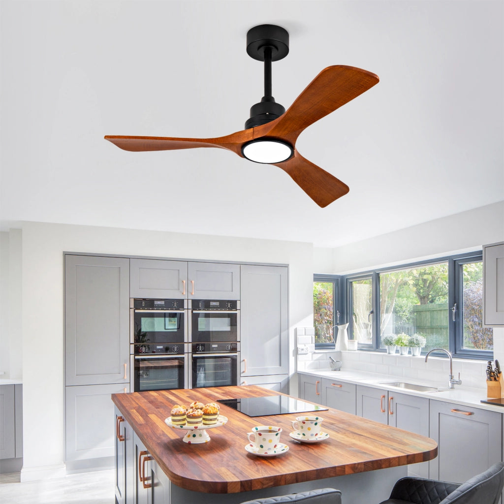 Ventilatore da soffitto 42 pollici con luce LED; 3 pale in legno noce scuro; motore DC reversibile nero 6 velocità