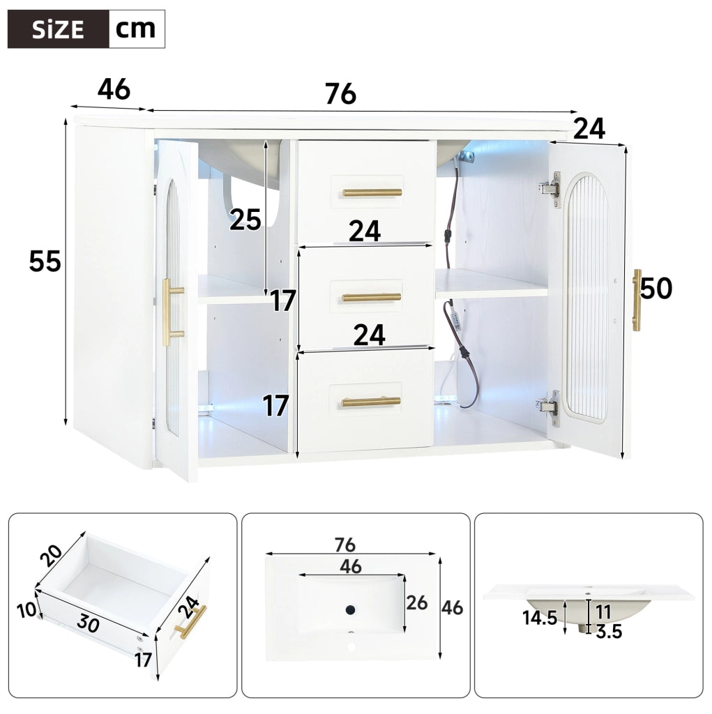 Mobile bagno sospeso 76 cm con lavabo in ceramica, ante a vetro scanalato e finitura effetto legno bianco
