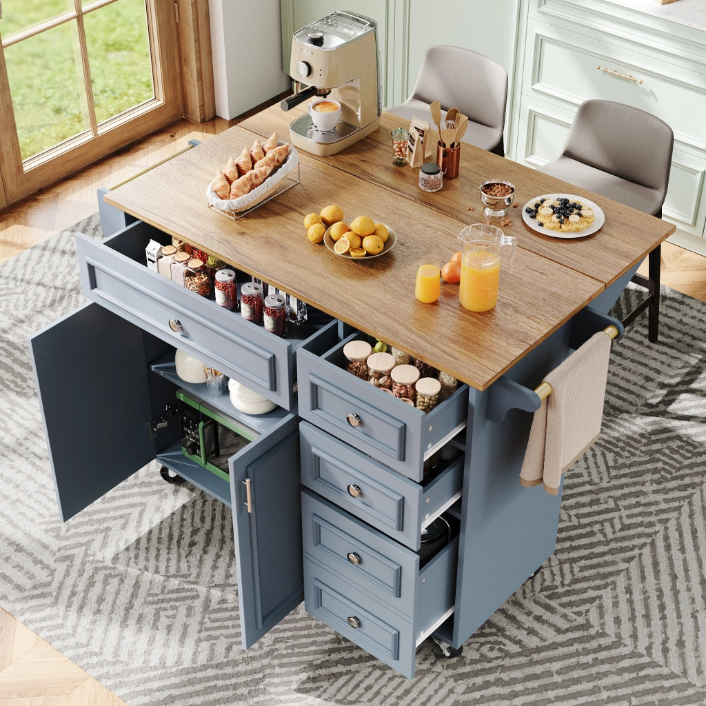 Isola da cucina con piano ribaltabile; ripiani regolabili in 3 altezze; cassetti e ripiano laterale in MDF blu