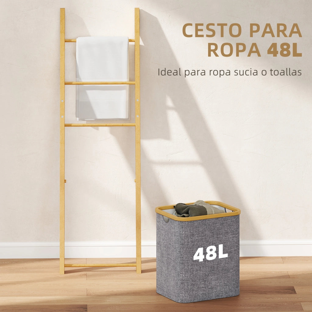 Mobile da Bagno in Bamb¨´ con 3 Sbarre e Cesto Lavanderia ¨C Zephmum ¨C Grigio 48L