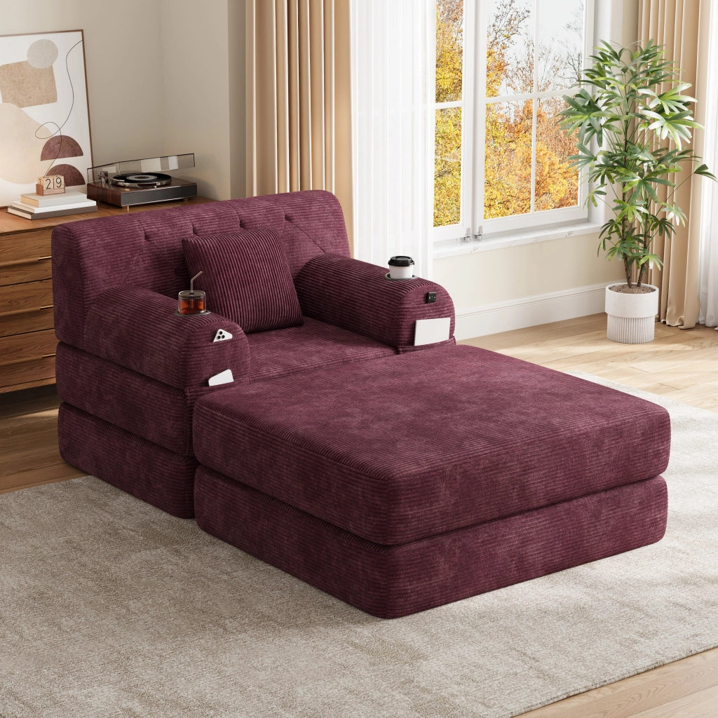 Poltrona da letto convertibile 1 con pouf; schienale alto; portabicchieri 2 e tasche laterali 4; velluto a coste; rosso vino