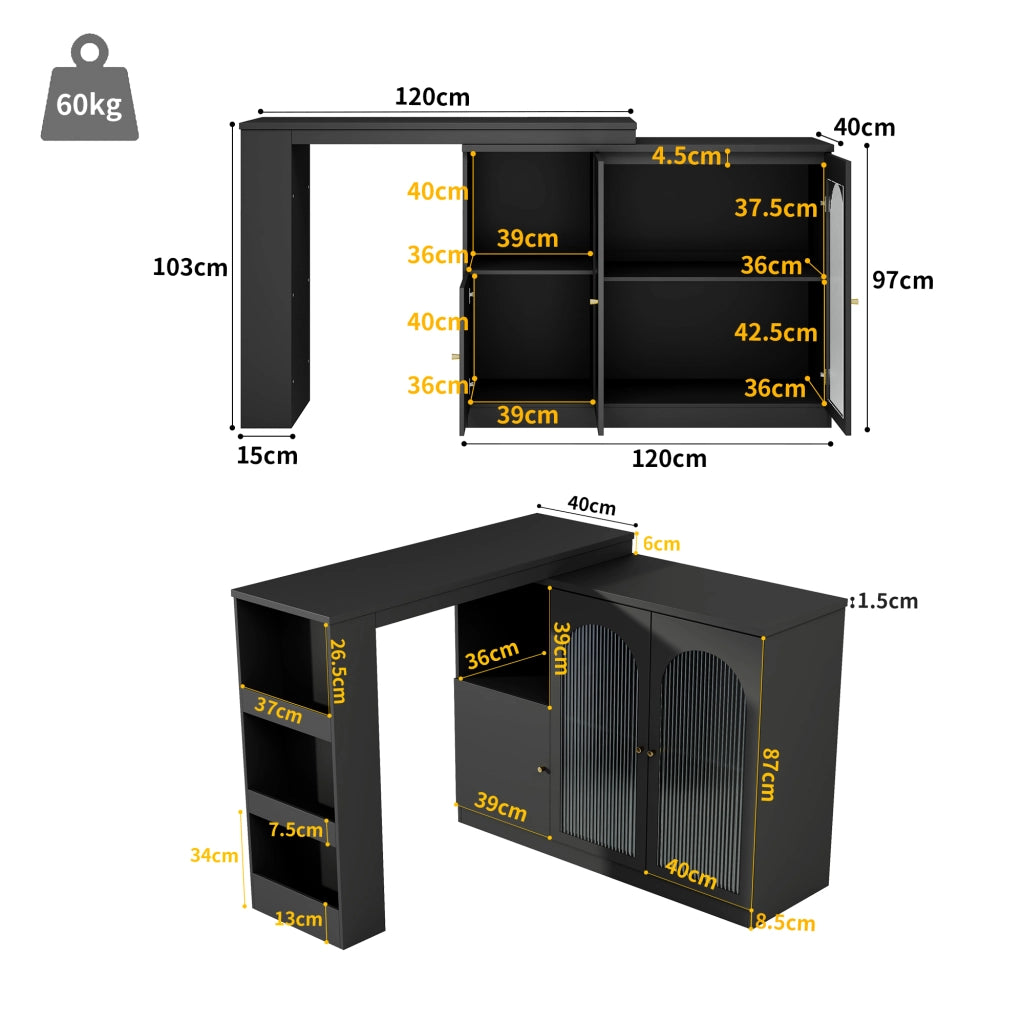 MOBILE BAR Rotante 360° 120x40x97 cm MDF Nero