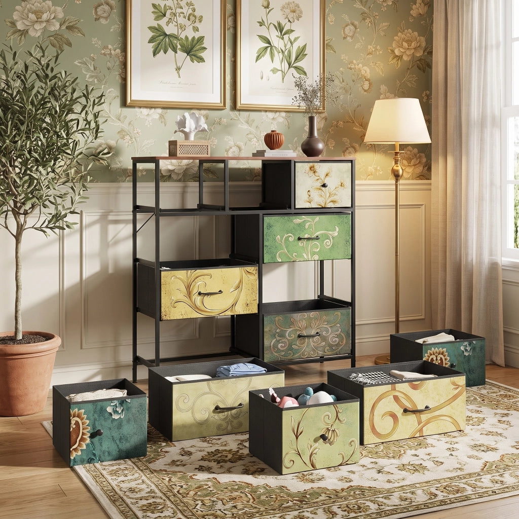 Cassettiera camera da letto 30x100x100 cm con cassetti in tessuto motivo floreale vintage mobiletto multiuso in legno e acciaio - verde