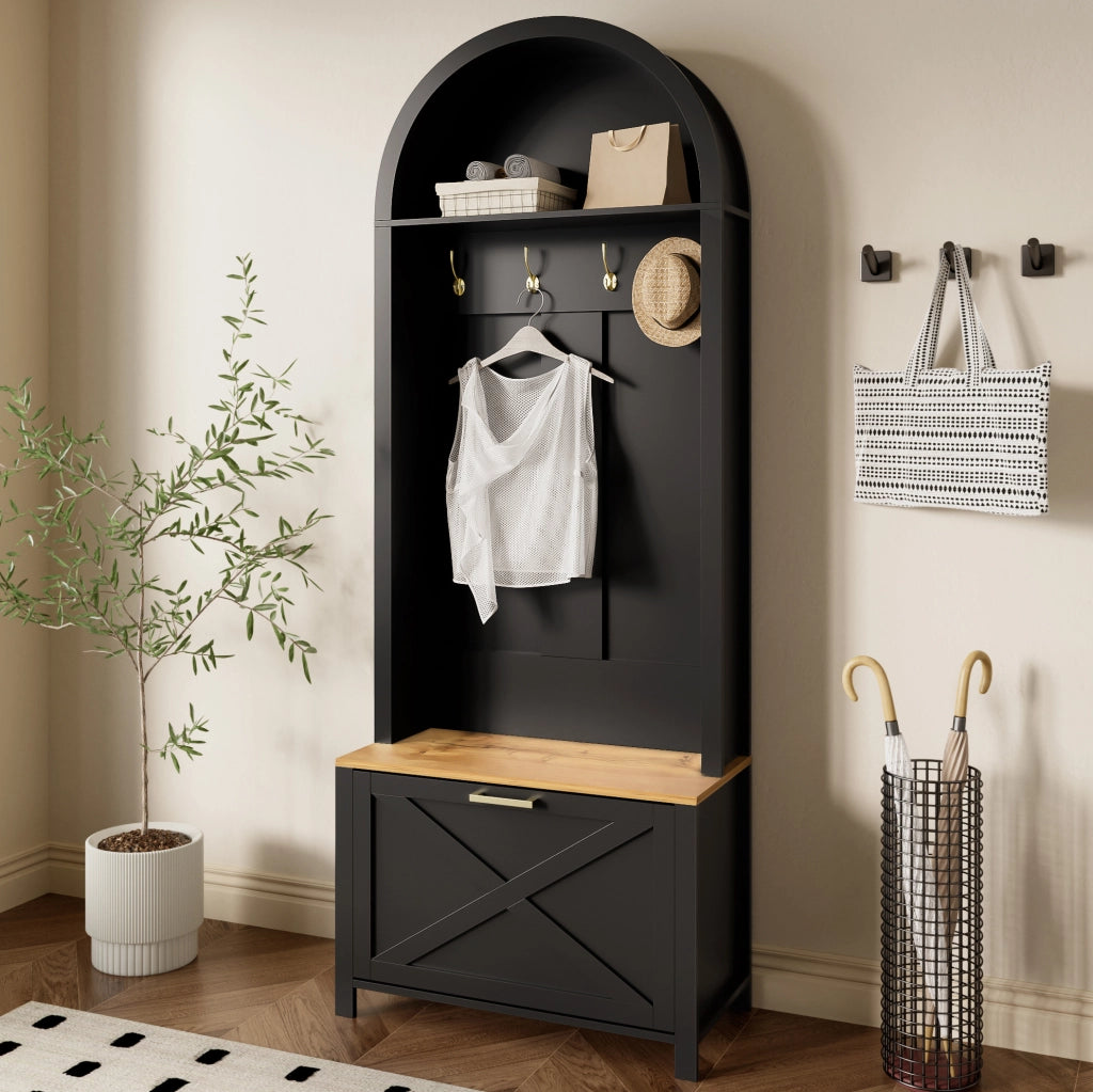 Mobile guardaroba 75x35x195 cm nero e legno MDF con appendiabiti e scarpiera