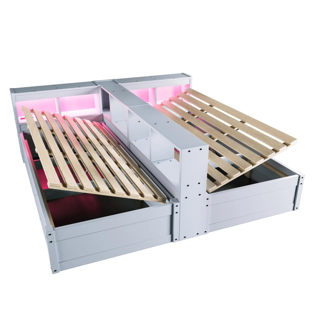 Letto Multifunzionale in Legno Massello 90/180 × 200 cm con Luci LED, Meccanismo Idraulico e Doppia Presa Euro, Grigio