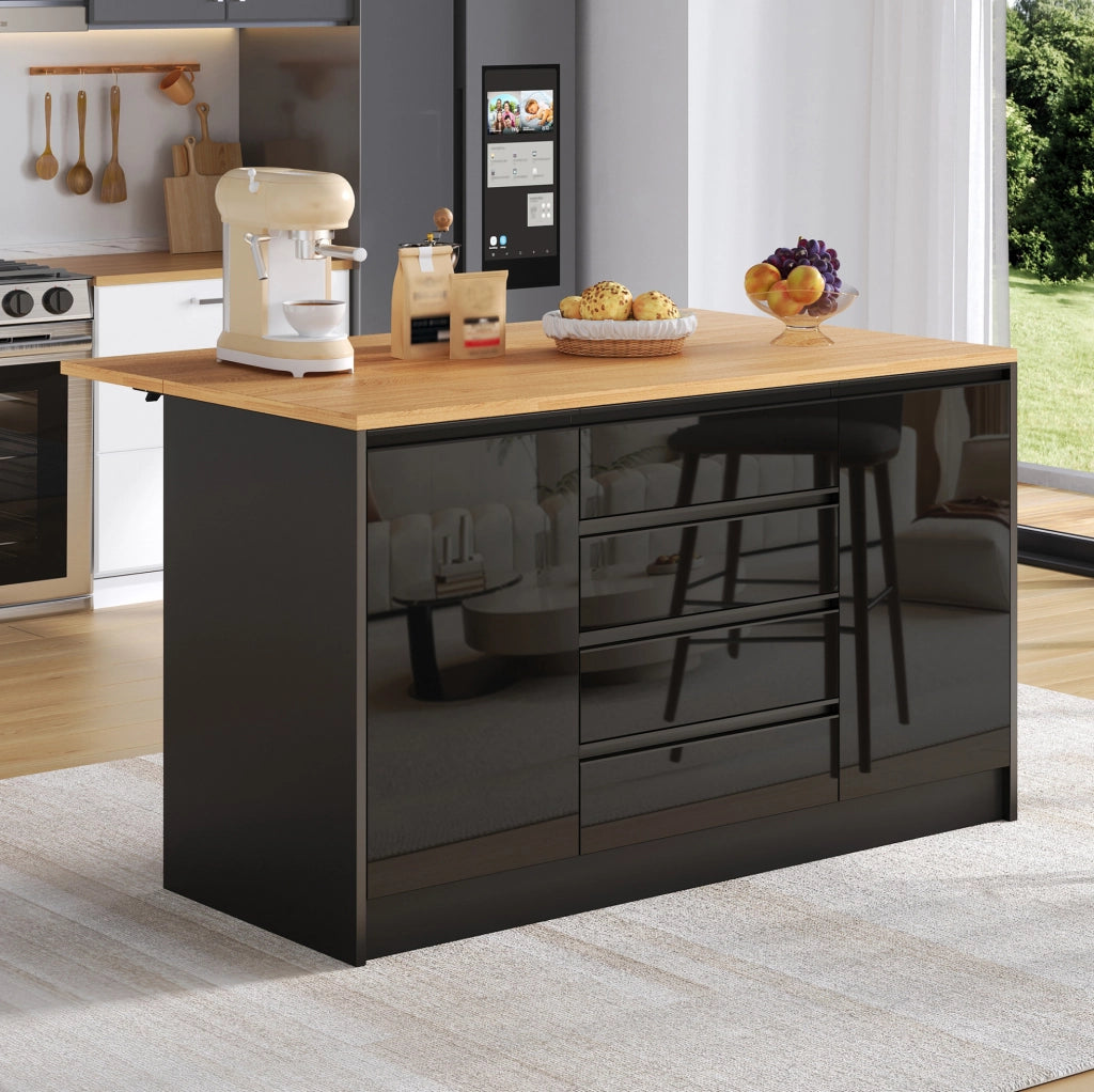 Isola cucina con piano estraibile 140x80x90 cm; 4 cassetti; 2 ante; MDF; nero