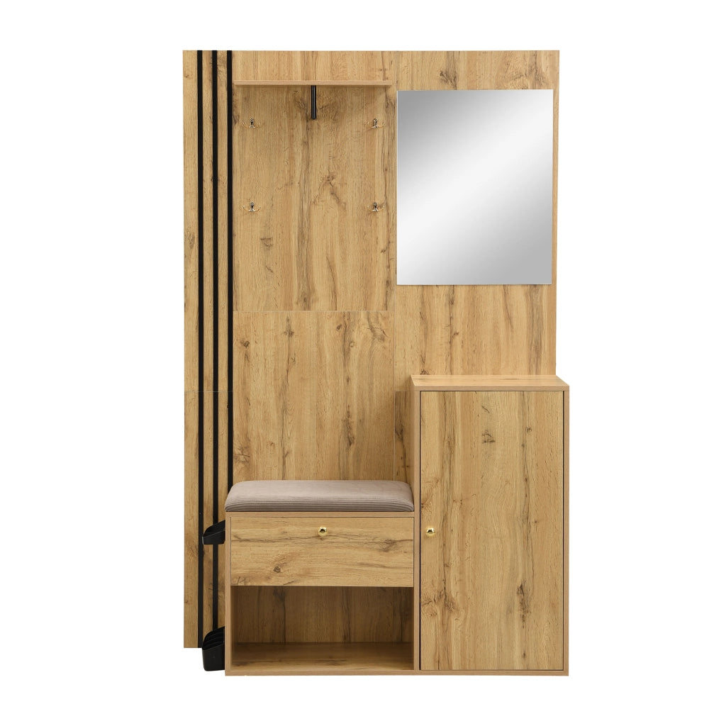 Mobile da ingresso con specchio e seduta imbottita, ripiani regolabili, in MDF naturale e nero, 115 × 37 × 185 cm