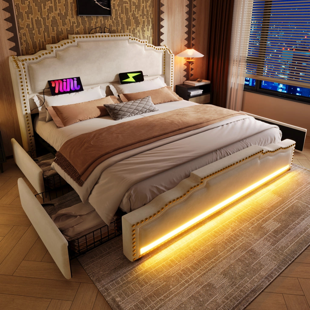 Letto matrimoniale 140×200 cm 2 posti con 4 cassetti; LED regolabile; USB e tipo C; senza materasso; velluto beige