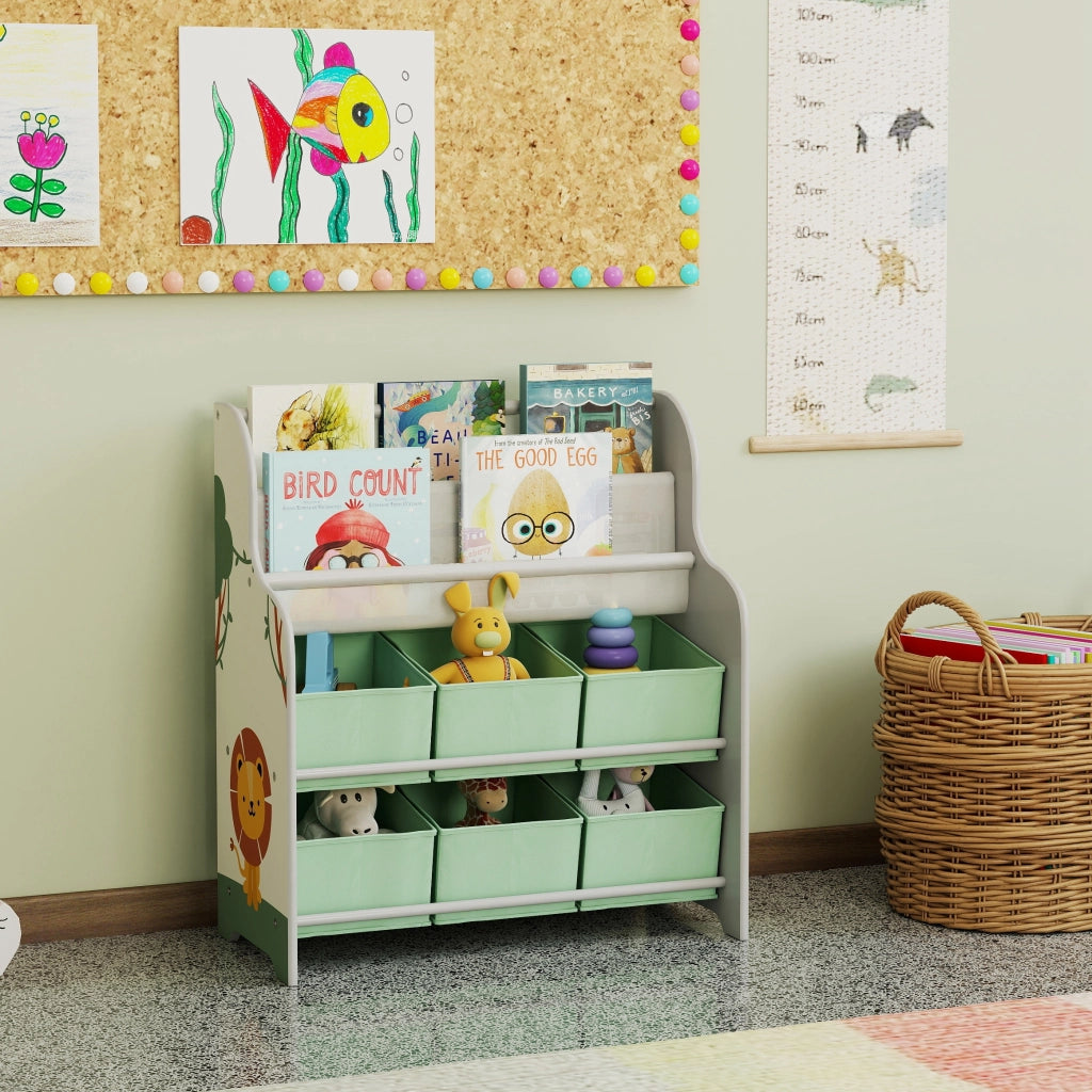 Scaffale Portagiochi per Bambini 63x30x71 cm con 6 Cassetti in Tessuto e Libreria a 2 Livelli in Legno e Acciaio Verde
