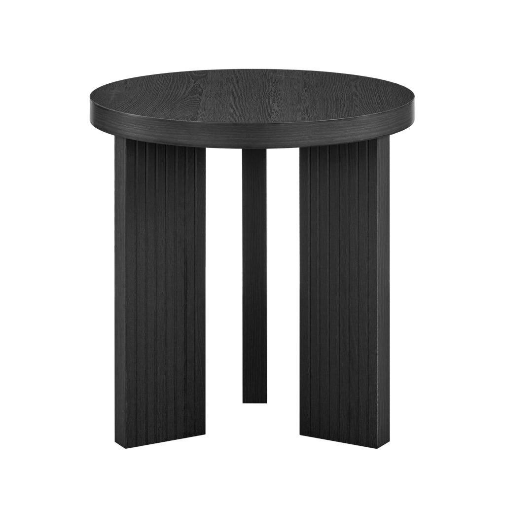Tavolino da divano rotondo a tre gambe in MDF nero con effetto legno scuro per soggiorno camera e balcone