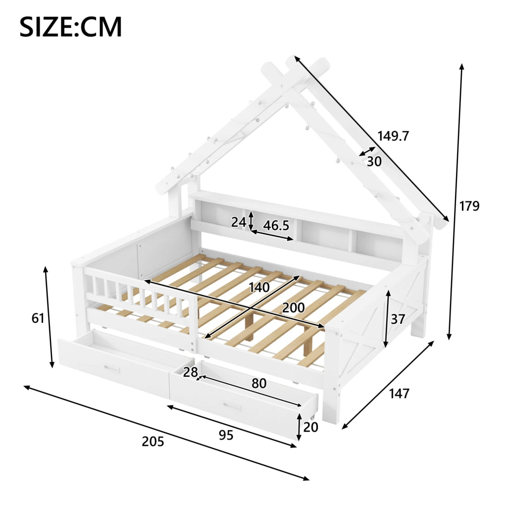 Letto a piattaforma in legno a forma di casa 140x200 cm con illuminazione LED, ripiani e cassetti, bianco