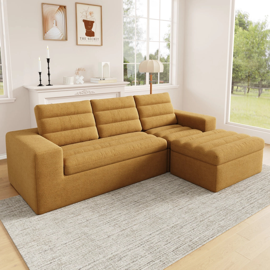 Divano angolare modulare 253x161 cm con pouf in ciniglia arancione