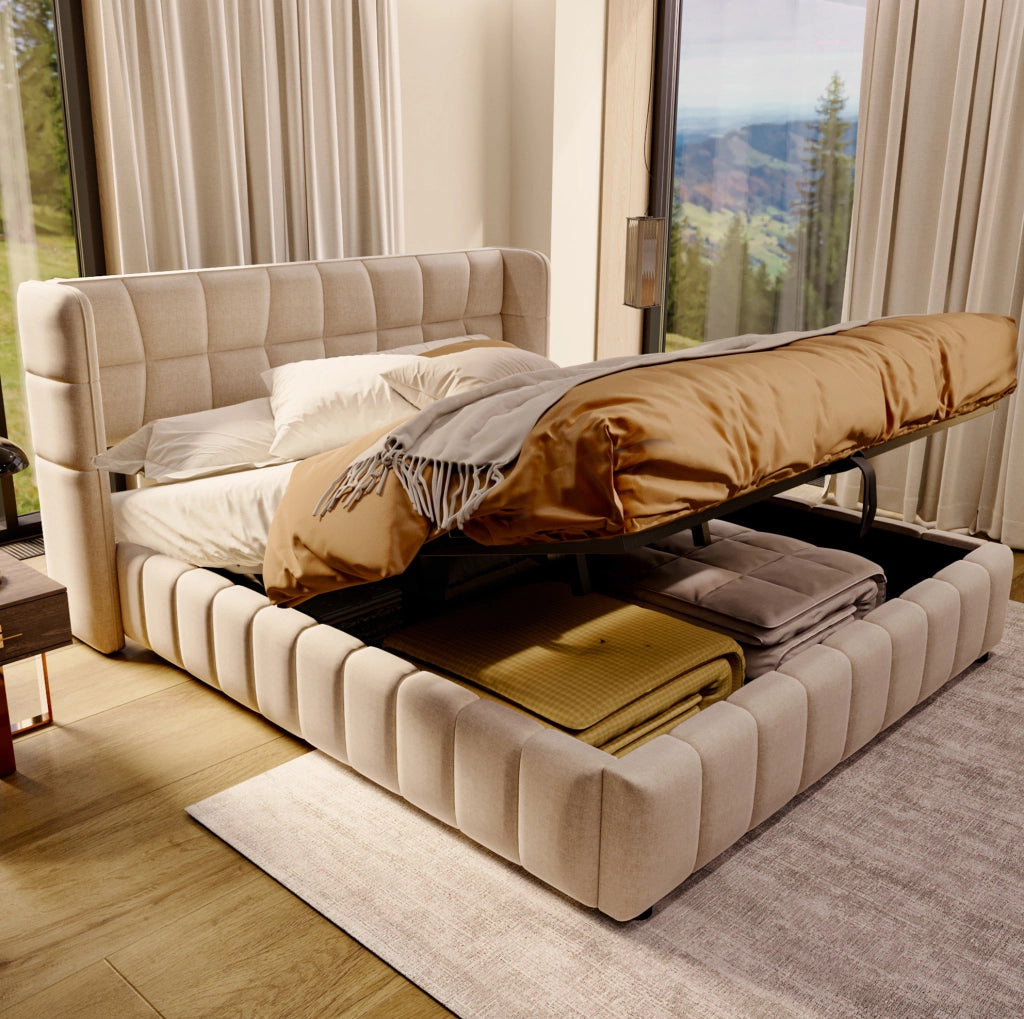 Letto imbottito contenitore beige 180 x 200 cm con sollevamento