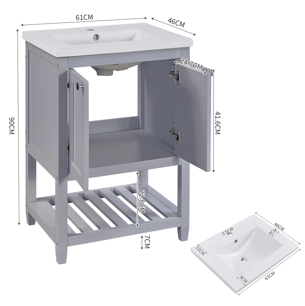 Mobile bagno con lavabo in ceramica e base contenitore 60 cm, grigio chiaro