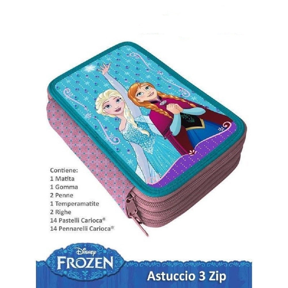 Trade Shop - Frozen Portapastelli 3d Astuccio 3 Zip Cerniere 36 Pezzi Colori E Matite Scuola -