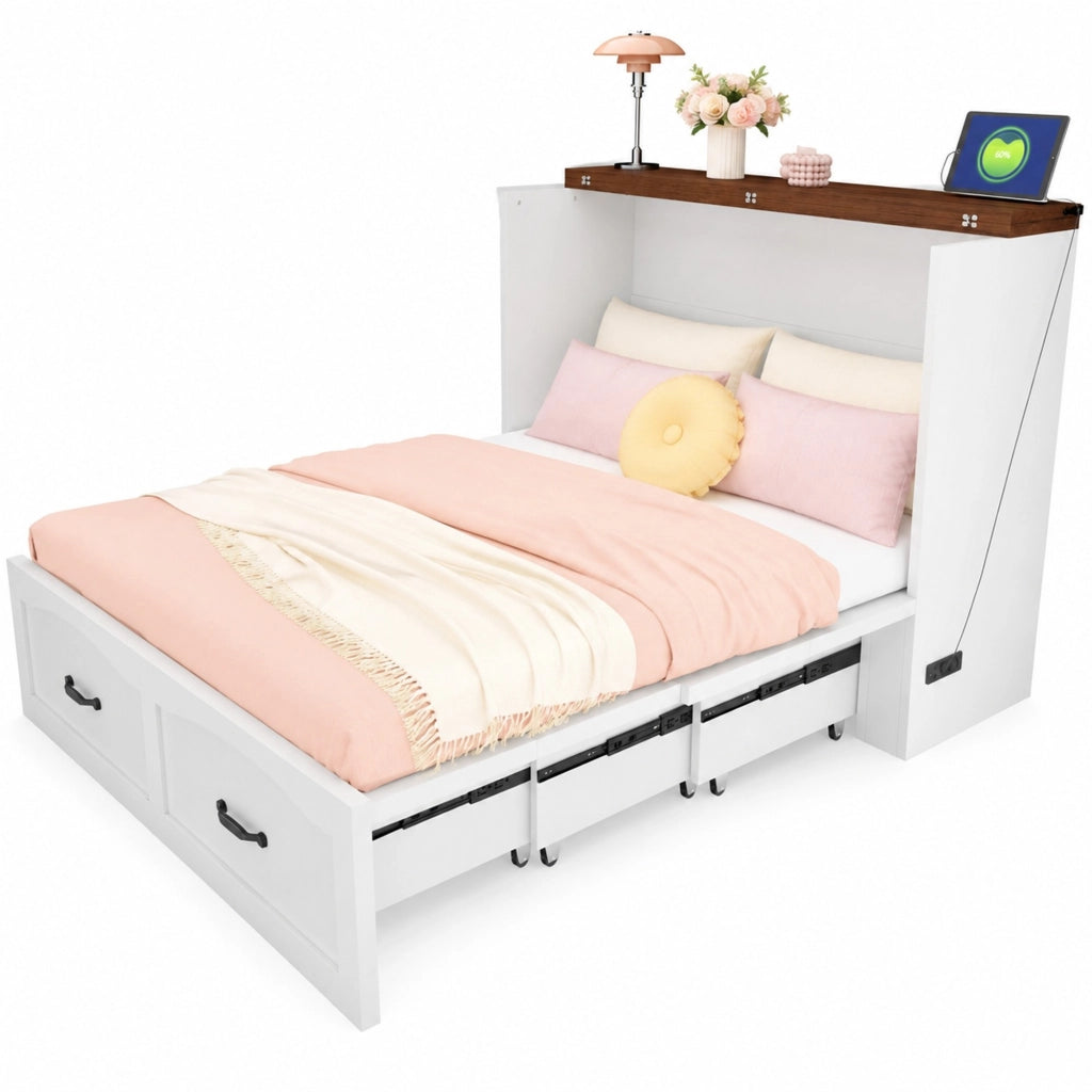 Letto a scomparsa ULEVR 140x200 cm con struttura estraibile, presa europea e ruote silenziose, bianco