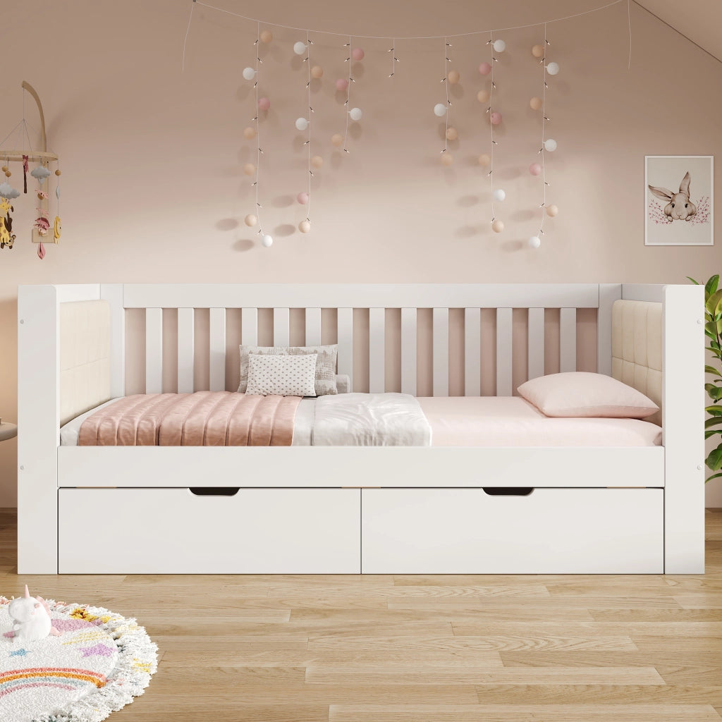Letto da giorno bianco 90x190 cm con due cassetti