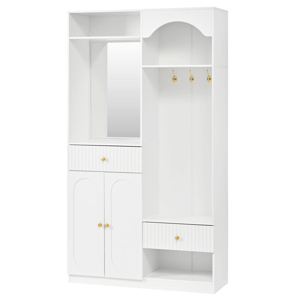 Mobile da ingresso con specchio, panca, ganci, LED, 2 ante, cassetti e ripiani regolabili, in MDF bianco, 100 × 35 × 180 cm