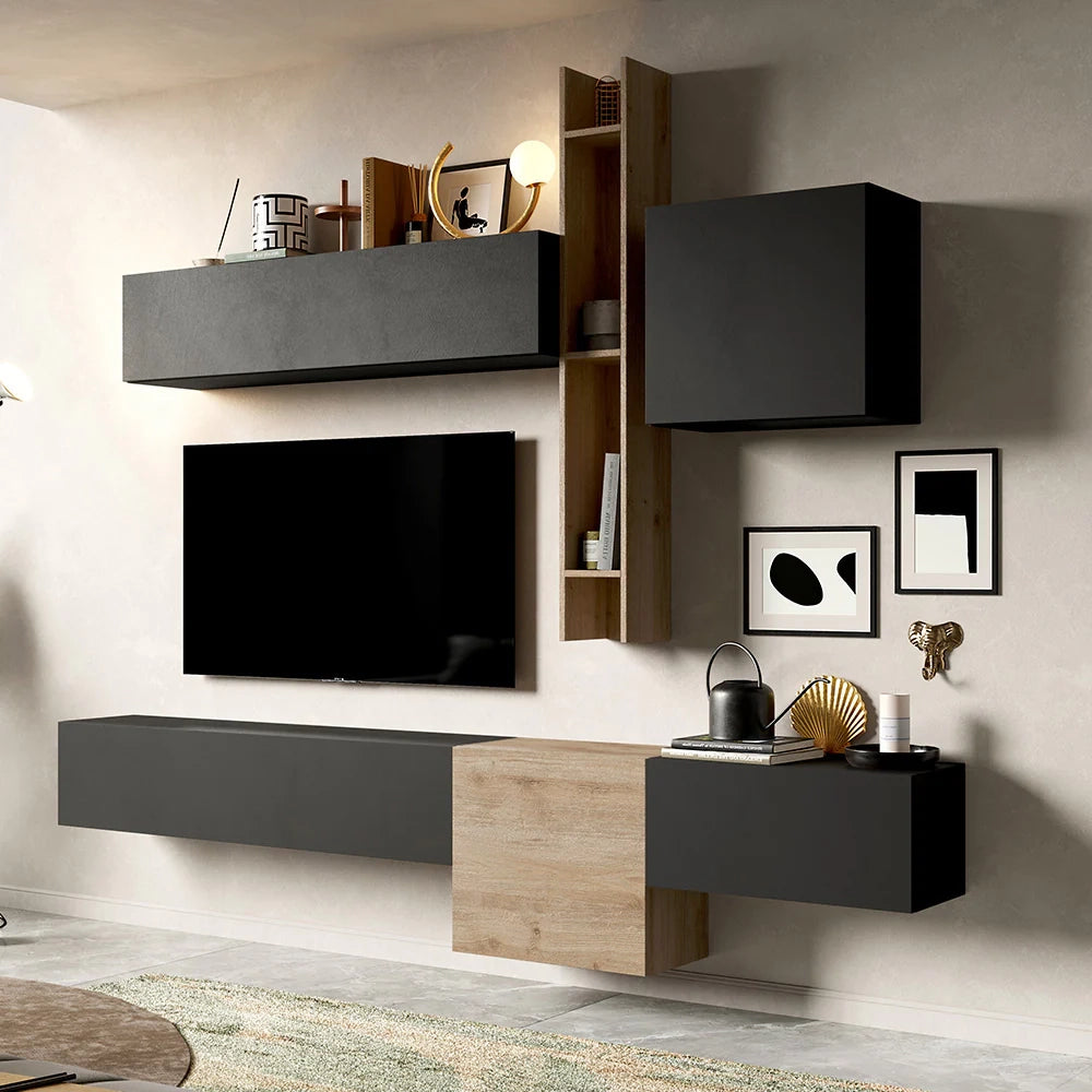 Parete Attrezzata Made in Italy Infinity 12 con mensola verticale/orizzontale, 3 elementi orizzontali, 2 cubi, design moderno ideale per soggiorno, sala da pranzo, cucina, colore Cadiz/Lava