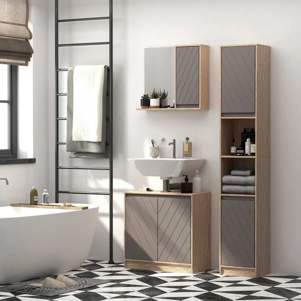 Mobiletto Salvaspazio per Bagno in Legno, Mobile da Bagno con 2 Armadietti e Ripiani Regolabili, Design a Colonna, 30x24x170 cm, Grigio e Rovere