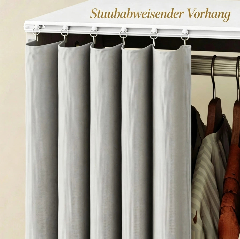Guardaroba mobile bianco con appendiabiti, 4 ruote, 3 ripiani aperti e tenda protettiva, 80x40x128 cm
