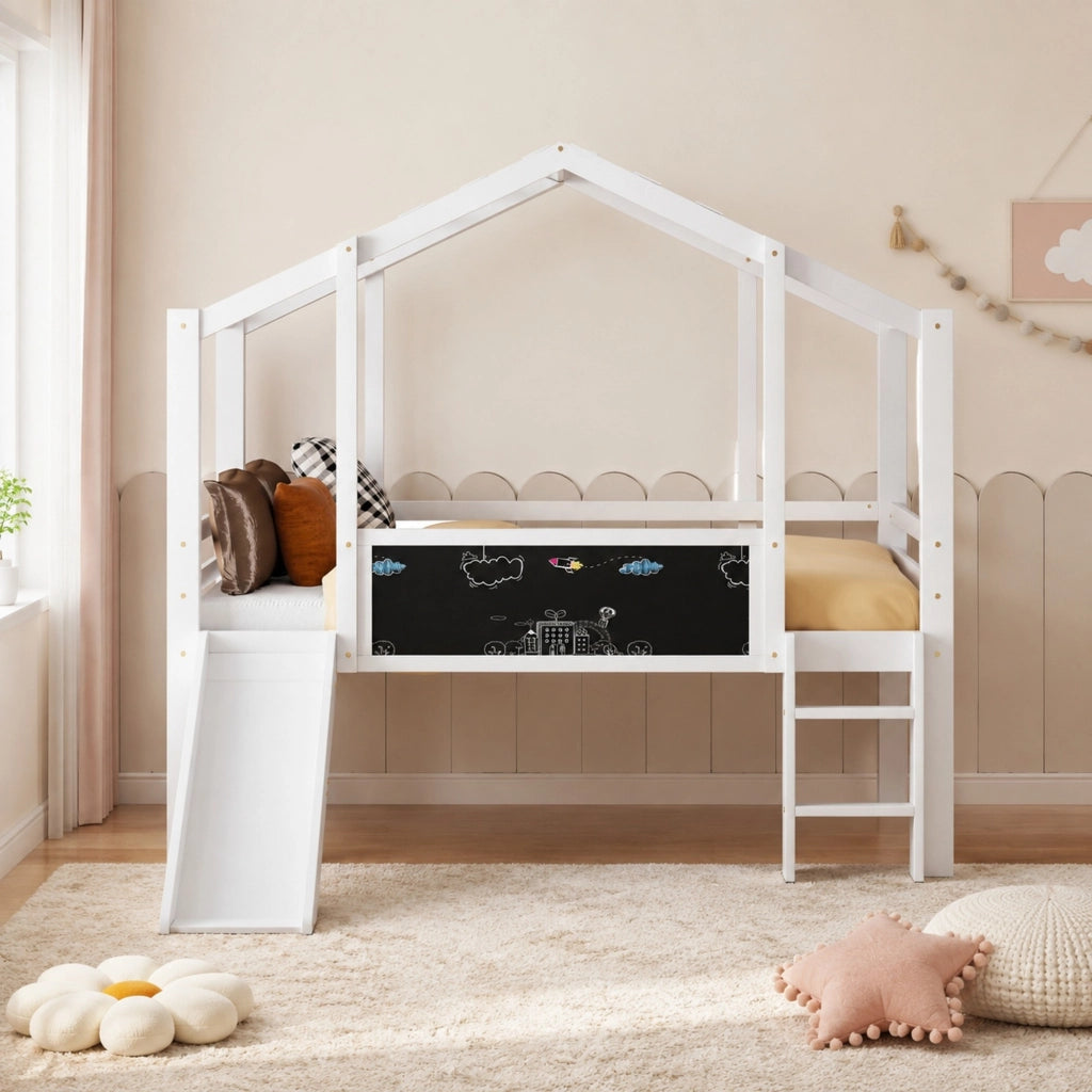 Letto a soppalco per bambini 90 x 200 cm in legno massello con scivolo e lavagna