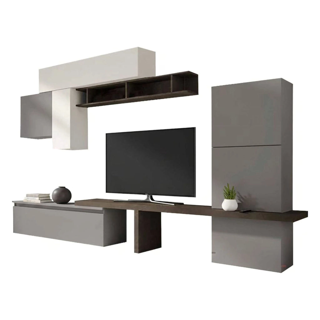 Parete attrezzata Apollonie, Composizione soggiorno, Mobile salotto multiuso, Armadio porta TV, Made in Italy, 295x40 h192 cm, Ardesia e Grigio