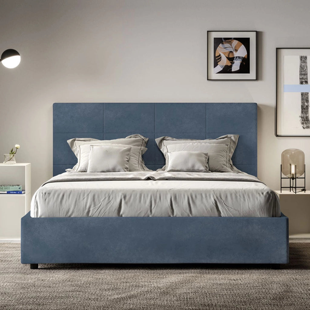 BS COM Letto una piazza e mezza senza rete imbottito 130x190 microfibra blu