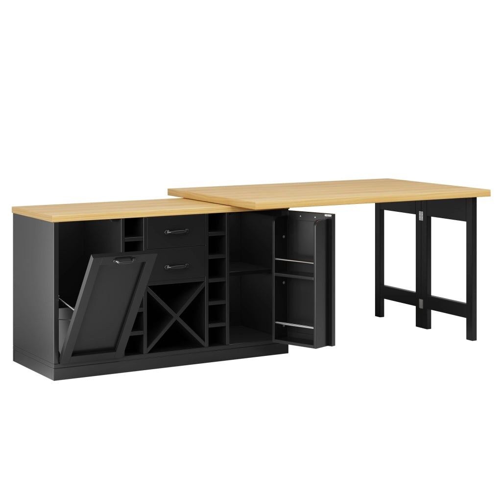 Isola cucina girevole 360° con spazio contenitivo, porta bottiglie estraibile e supporto per bidone 120–223 cm, bianco o nero