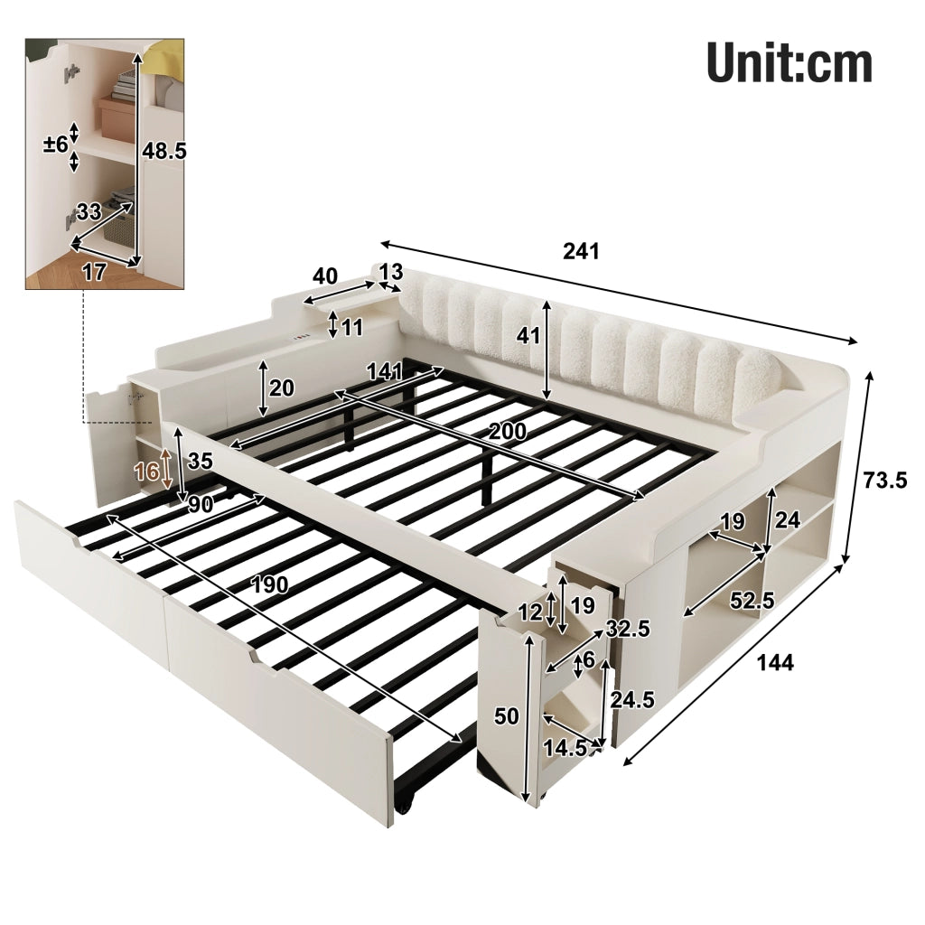 Letto estraibile matrimoniale 140x200 cm; rete a doghe metalliche; stazione di ricarica; contenitore nascosto; legno; schienale sherpa; bianco