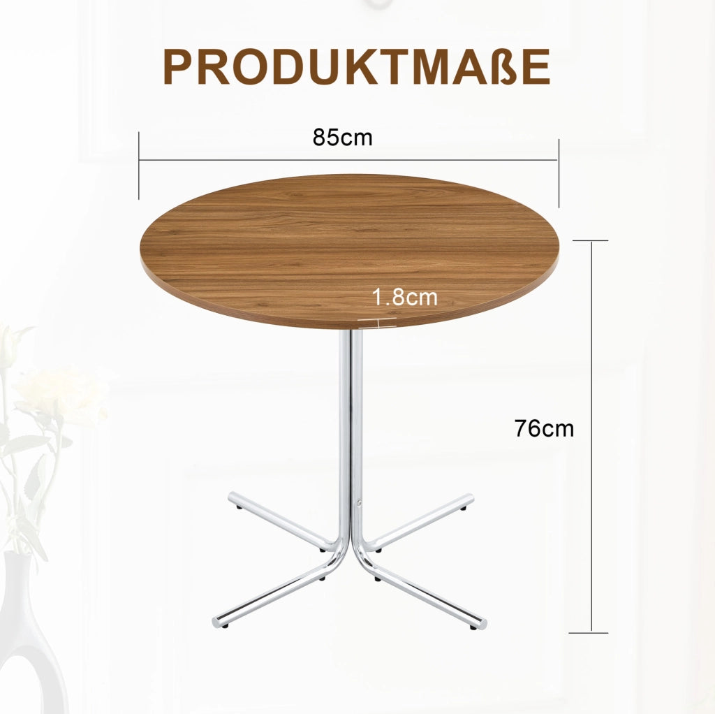 Tavolino basso rotondo 85 cm in MDF noce e metallo cromato, per piccoli spazi