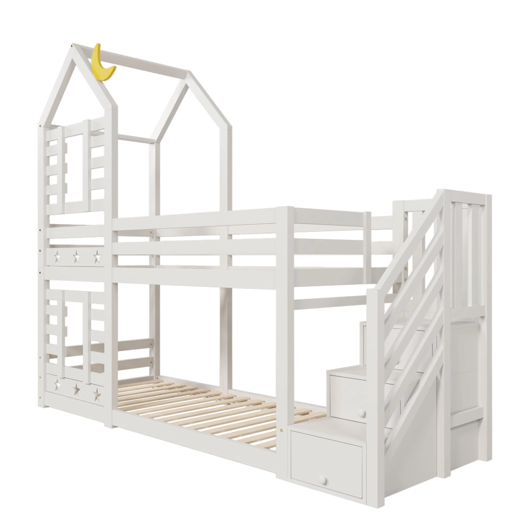 Letto a castello a casetta con scala contenitiva e cassetti, bianco, 90x200 cm