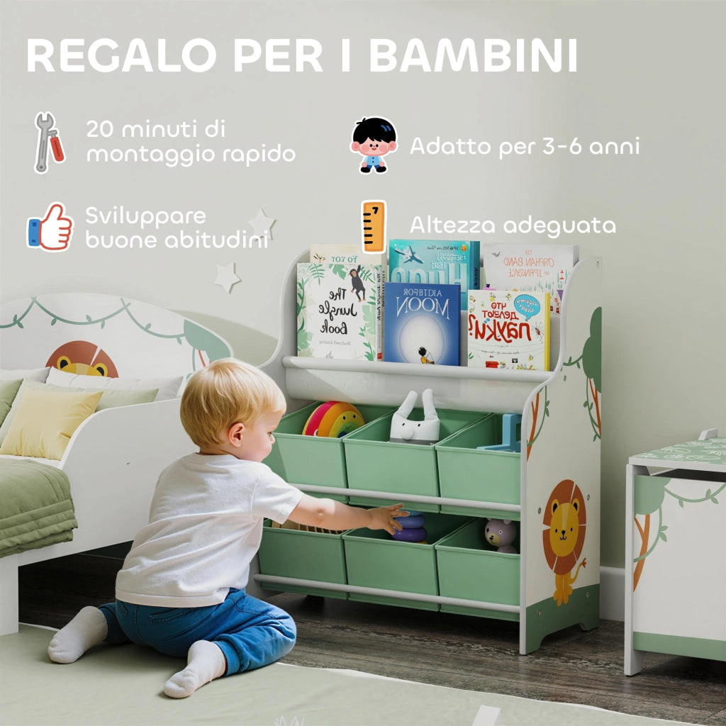 Scaffale Portagiochi per Bambini 63x30x71 cm con 6 Cassetti in Tessuto e Libreria a 2 Livelli in Legno e Acciaio Verde
