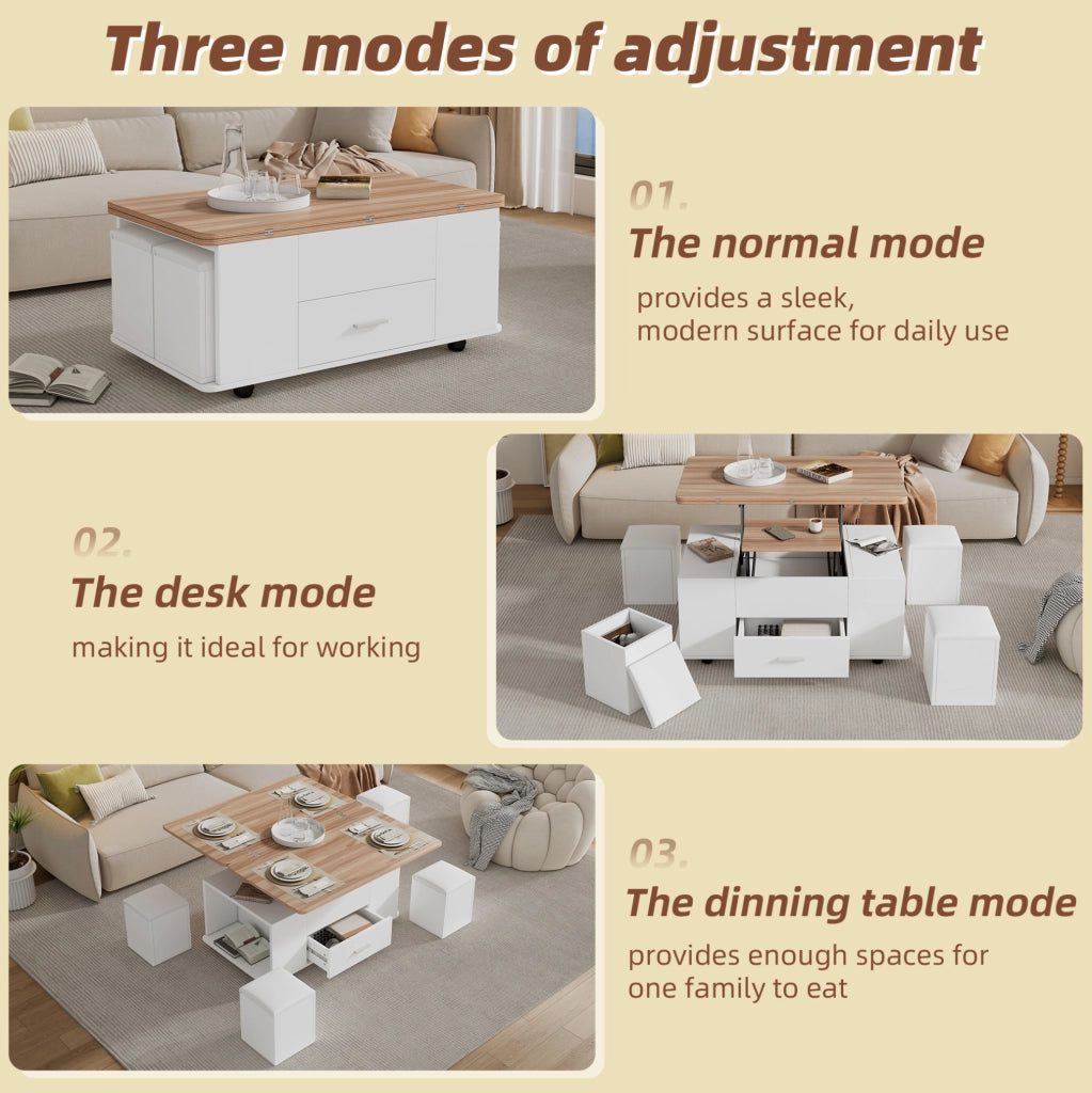 Tavolino trasformabile elevabile 100x50 cm con 4 sgabelli; cassetto e ruote; bianco