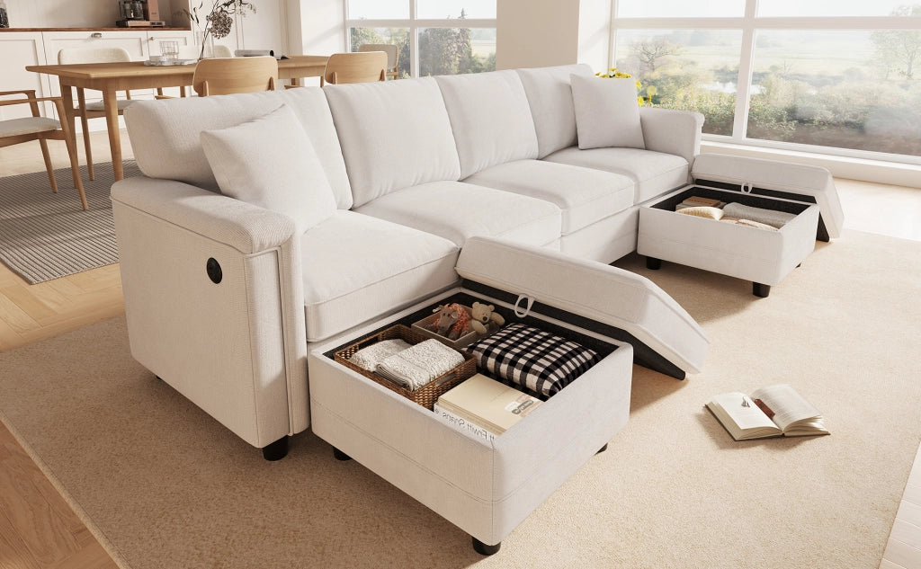 Divano modulare in ciniglia beige 261x134x82 cm con 2 pouf contenitore e 2 cuscini