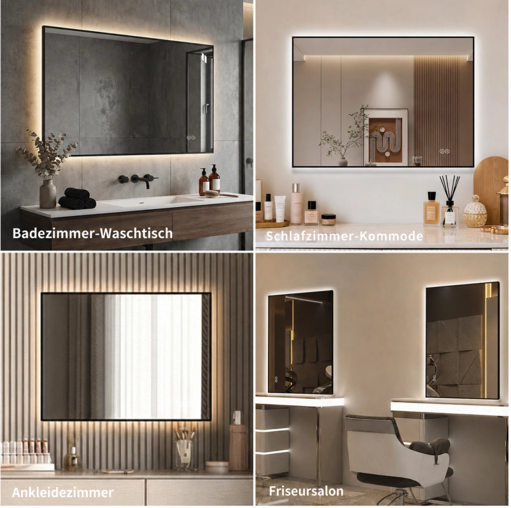 Specchio da bagno LED 70x90 cm con cornice in alluminio, retroilluminato, antifoschia, 3 tonalità di luce e dimmer regolabile, specchio argento senza rame 5 mm