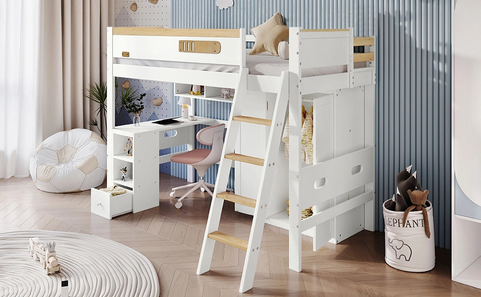 Letto a soppalco con scrivania e armadio in pino; MDF e compensato; 90x200 cm; bianco e naturale per cameretta
