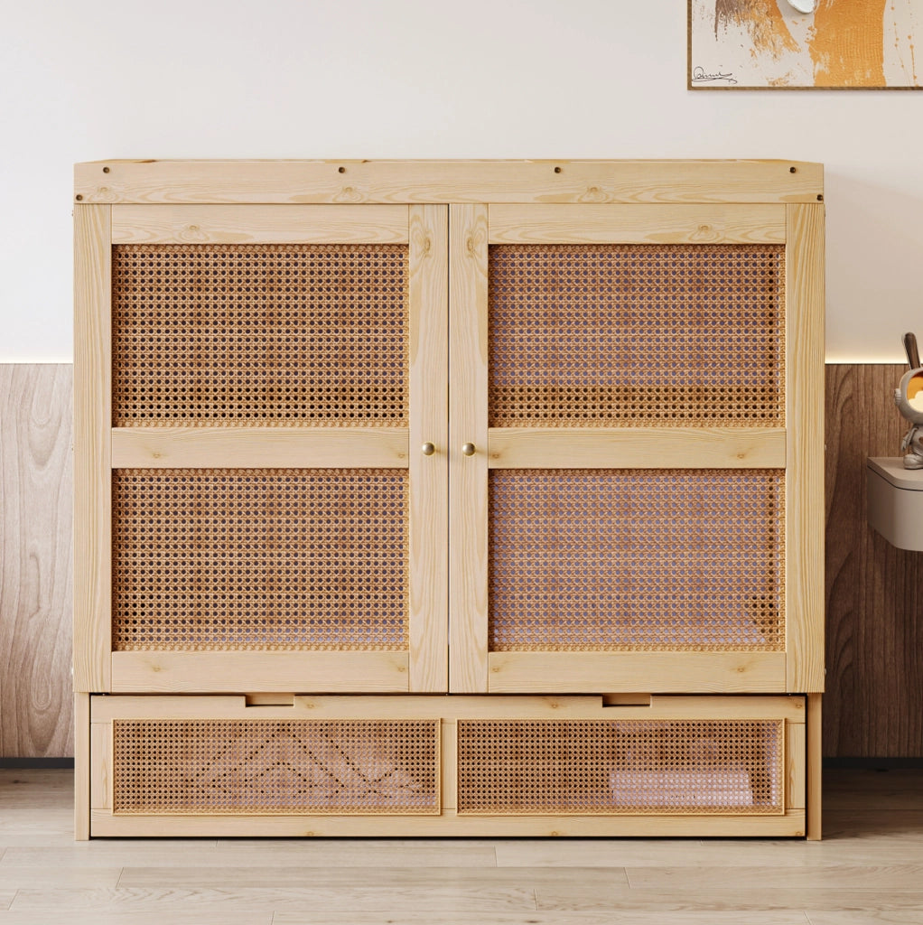 Letto a scomparsa 140x200 cm con rete a doghe, design in rattan e struttura in legno, con cassetti contenitori
