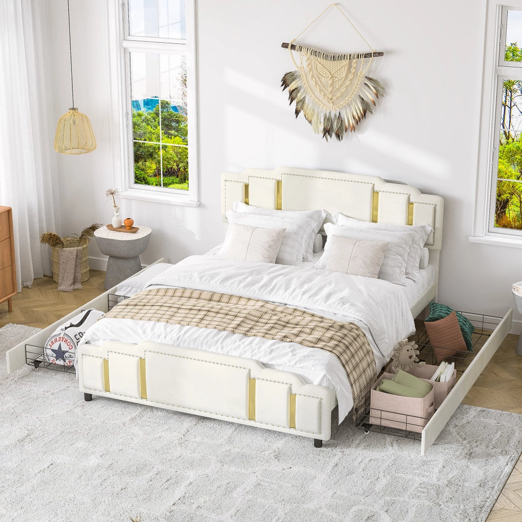 Letto con cassetti 160 × 200 cm in velluto beige con LED a 7 colori e finiture decorative in acciaio inox