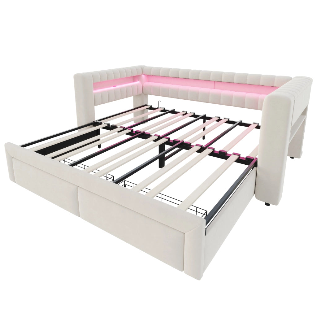 Letto divano 90 × 190 e 180 × 190 cm con letto estraibile; 2 cassetti; LED regolabile; USB e tipo C; senza materasso