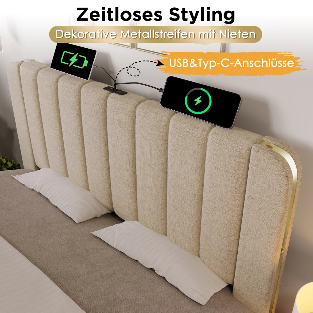 Letto imbottito 140x190 cm beige con 4 cassetti; USB e Type-C