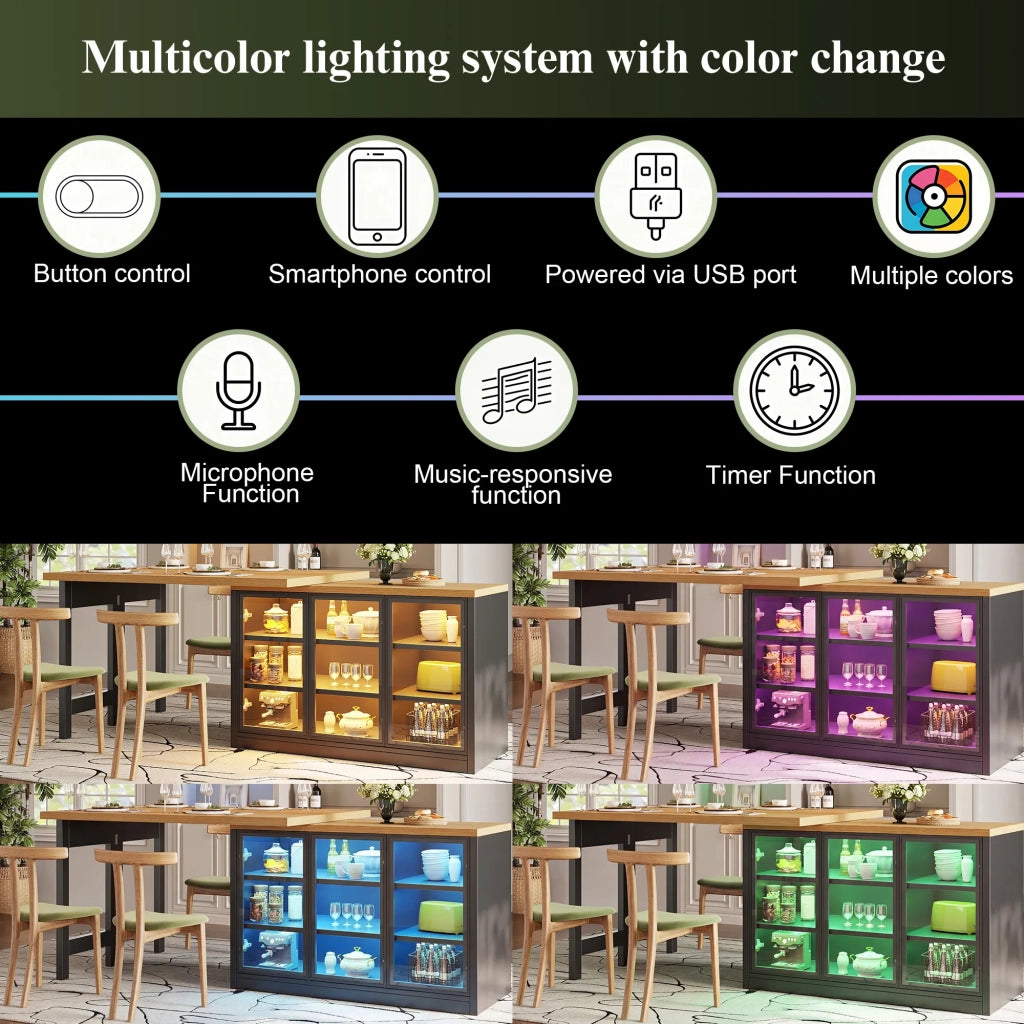 Tavolo da pranzo multifunzione con credenza laterale, isola cucina estraibile nera, design moderno, rotazione 360°, sistema luci smart