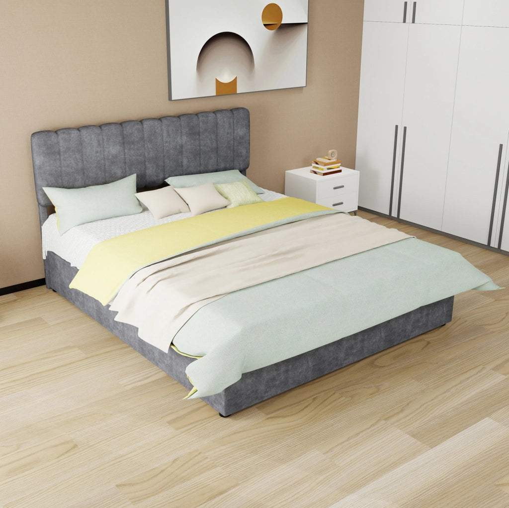 Letto imbottito moderno 160x200 cm con testiera morbida grigio e contenitore con meccanismo a gas