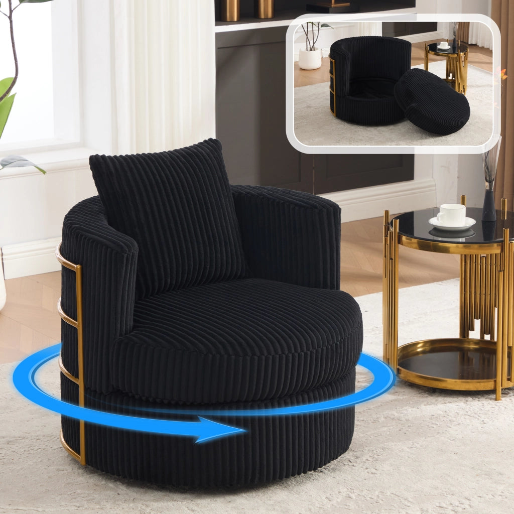Poltrona girevole a 360 gradi in velluto a coste nera con vano contenitore e seduta imbottita 76 × 79 × 78 cm